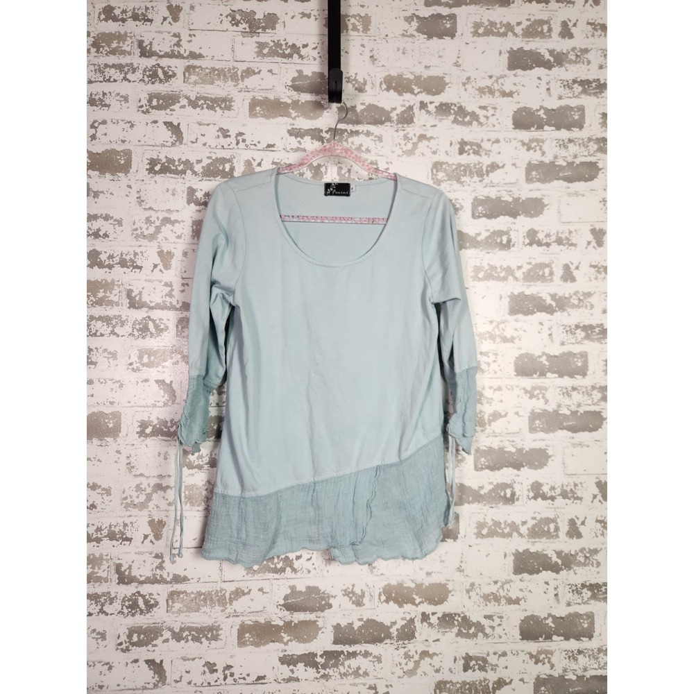 Fenini Tunic Top Size Small Light Blue Linen Asymmetrical Hem Boho Relaxed Artsy